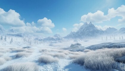 Snow covered landscape with frozen white tree and river winter season sky