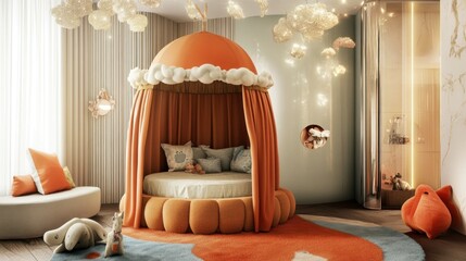 Wall Mural - Orange Canopy Bed with Plush Pillows and Pillows in a Modern Nursery