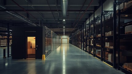 Poster - Industrial Warehouse with Grid Shelving and Glass Walls