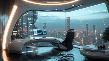 Wall Mural - Futuristic Office with Cityscape View from a High-Rise Building