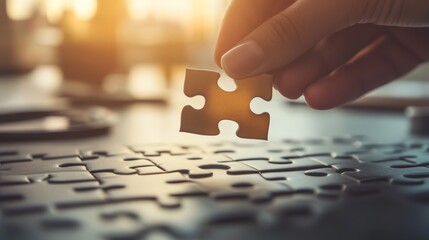Poster - Hand holding a puzzle piece in a warm light setting. Represents problem-solving and strategic thinking in business.
