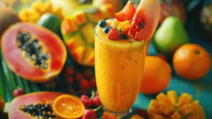 Colorful beverage with fruit garnish on a table full of vibrant fruits.