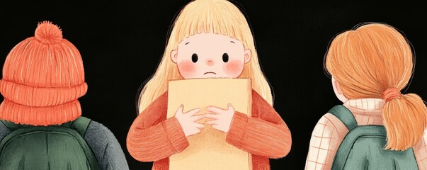 A concerned girl holding a blank paper is surrounded by two friends. Emotional connection and introspection are depicted.