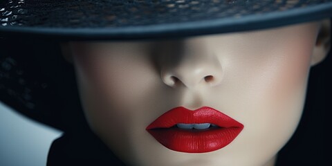 Glossy red lipstick on lips of stylish woman in vintage fashion accessories.