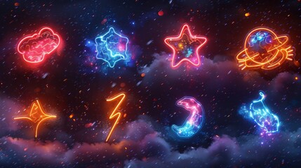 Poster - Design a series of neon meteorological symbols, including illuminated lightning