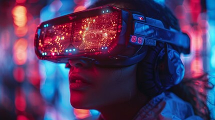 Poster - Design a visually captivating scene featuring users wearing VR goggles while engaging with dynamic AI animations and spinning holograms.
