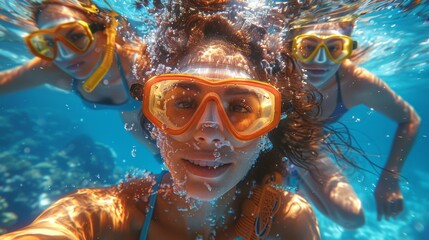 Poster - design an image of a blended family posing for selfies at the great barrier reef, immersing themselv