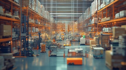 Aufkleber - A warehouse with stacked shelves, boxes, and forklifts