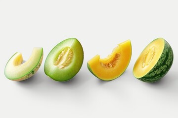 Wall Mural - Three tropical fruit slices arranged from left to right: a green mango, a yellow melon, and an orange papaya.