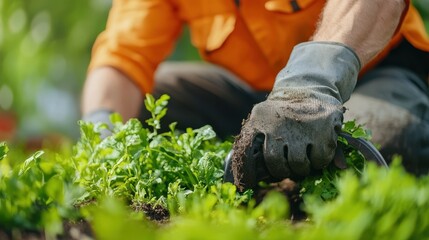 A gardener carefully tending to fresh greens in a vibrant garden, showcasing the joy of nurturing plants and connecting with nature.