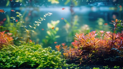 Freshwater tropical aquarium filled with colorful fish and plants.