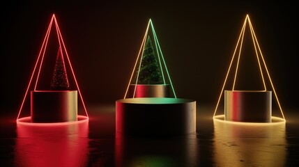 Poster - Set of three neon christmas trees with red, green and yellow lights for holiday festive atmosphere.