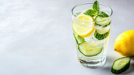 A glass of detox water with lemon, cucumber, and mint on a white surface, with copy space beside.