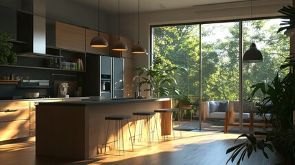 Wall Mural - Modern Kitchen with Island and Large Window Overlooking Greenery