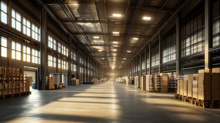Poster - Sunlit Empty Warehouse with Pallets of Cardboard Boxes