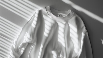 Poster - A plain white long sleeve shirt hanging on a wall with sunlight filtering through blinds, creating patterned light and shadows.