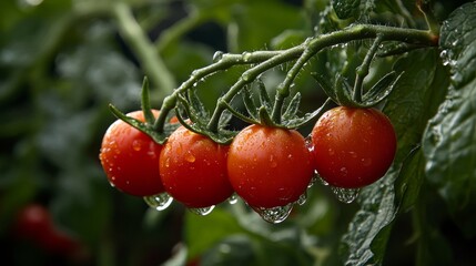 Juicy cherry tomatoes on a vine glistening with dew