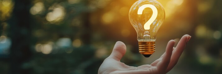 Poster - Hand holding a glowing lightbulb with a question mark inside, blurred background of trees. Conceptual image representing inspiration, ideas, and curiosity.