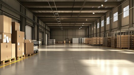 Poster - Large Empty Warehouse with Pallets of Cardboard Boxes