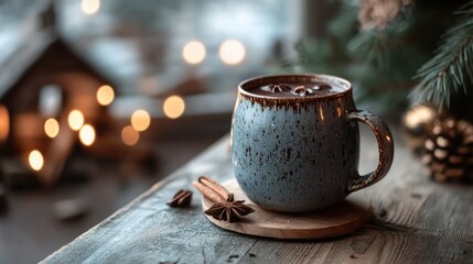 A rustic cup of Danish with spices, set on a wooden table with a cozy winter scene in the background.