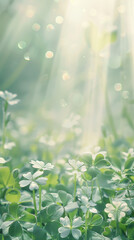 Wall Mural - a field of green grass with white flowers