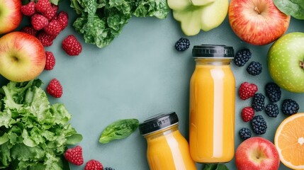 Fresh fruit and greens surround two bottles of orange juice, highlighting a healthy lifestyle and vibrant natural ingredients.