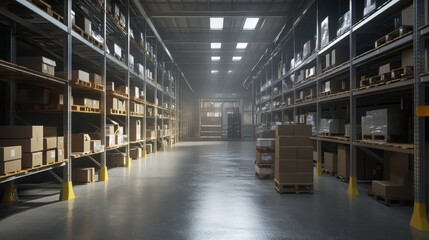 Poster - Empty Warehouse with Cardboard Boxes on Shelves and Pallets