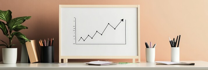 Poster - Modern office desk with a whiteboard showing an upward trend graph. Represents business success, growth, and strategic planning.