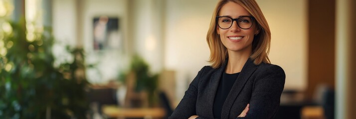 Poster - A professional woman in a business environment wears stylish glasses that reflect her achievement, ambition, and leadership, showcasing her collaboration skills that drive teamwork and success