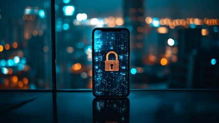 Aufkleber - Mobile phone with a glowing digital lock in a dark urban background. Encrypted mobile data protection concept.