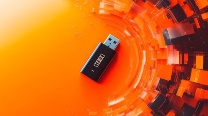 Aufkleber - Close-up of a USB flash drive on a vibrant orange background with dynamic digital connections. Concept of data storage and encrypted USB security.