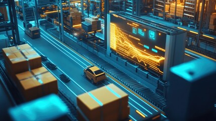 Poster - Futuristic Automated Warehouse with Autonomous Vehicles and Data Display