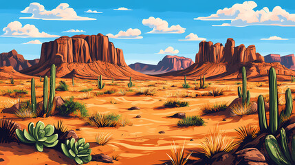 Colourful cartoon style painting of the desert landscape. Desert. Illustration