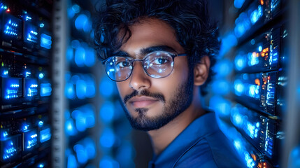 A young man with glasses looks at the camera while standing in a server room.