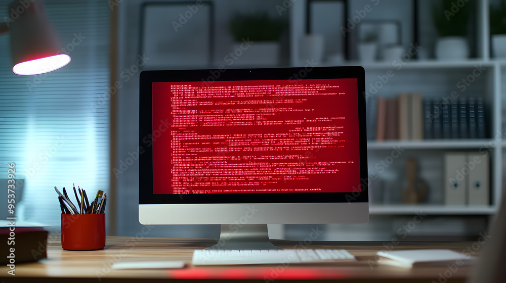 Computer screen showing red ransomware warning message in home office ...