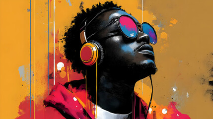 A young man with headphones and sunglasses looks up at the sky in a colorful abstract background.