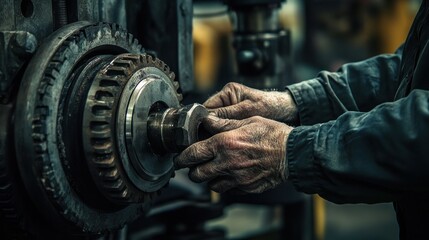 Poster - Close-up of a Worker's Hands Tightening a Nut on a Machine