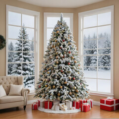 Prelit Snow Flocked Artificial Full Christmas Tree,9ft Christmas Pine Tree with 8 Light,