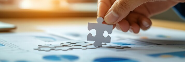 Poster - Detailed view of a hand placing a single white puzzle piece over financial charts in a bright office environment. Business problem-solving concept.
