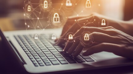 Aufkleber - Close-up of hands typing on a laptop keyboard with floating lock icons representing digital security. Cyber security and data protection concept.