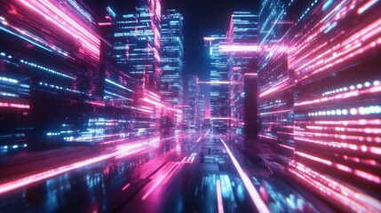 Wall Mural - Futuristic Cityscape with Neon Lights and Speed Lines