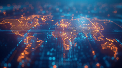 Fototapete - 3D ,world map on blue background, big data visualization and networking concept.