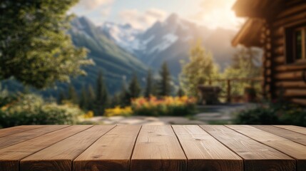 Poster - Wooden Table in a Mountain Setting