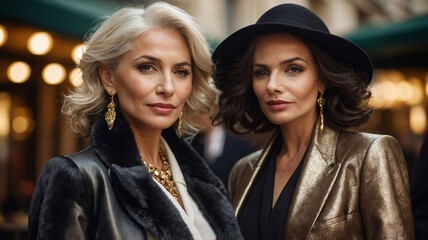 Elegant rich women wearing luxury clothes and gold jewellery. Fashionable middle aged ladies, sophisticated women