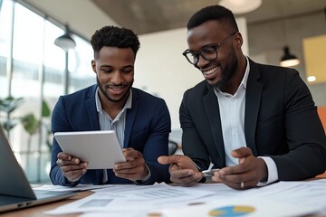 Poster - In a Collaborative Business Meeting, two dedicated professionals are actively engaging with advanced technology, sharing ideas and insights to enhance their plans and strategies for future success