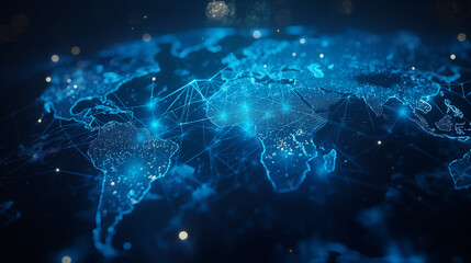 Fototapete - 3D ,world map on blue background, big data visualization and networking concept.