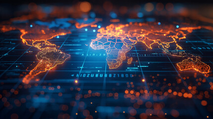 Fototapete - 3D ,world map on blue background, big data visualization and networking concept.