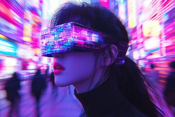 Woman Wearing VR Headset in a Neon City