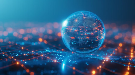 Fototapete - 3D ,world map on blue background, big data visualization and networking concept.