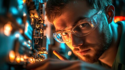 Wall Mural - Close-up of a man in safety glasses inspecting a piece of machinery.